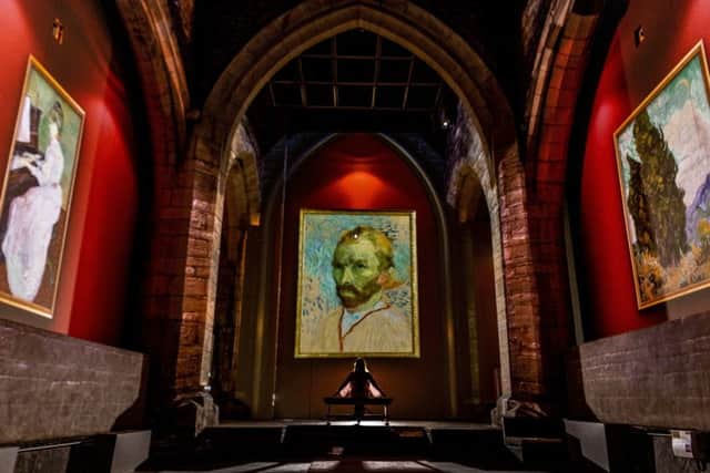 Date: 8th July 2019.
Picture James Hardisty.
A new exhibition the Van Gogh The Immersive Experience has opened in the former church, York St Maryâ¬"s located in Castlegate, York. The UK premiere provides a new perspective on Van Goghâ¬"s work, taking the original paintings and projecting them onto walls, screens and even the roof of the building, but with a twist - wheat sways in the breeze, water pours out of the confines of the paintingâ¬"s frame, and stars twirl and swirl in the night sky, as digital animation brings the paintings to life. Pictured Rose Moens, Manager of the Van Gogh, The Immersive Experience, admiring the exhibition.
