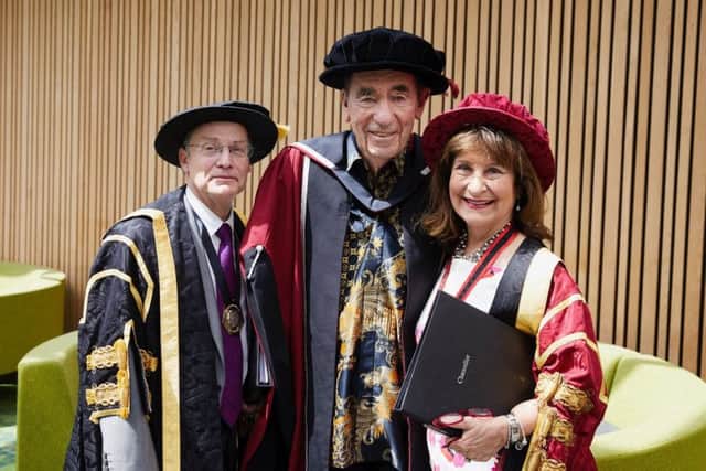 Caption: Albie Sachs is pictured (centre) with Professor Sir Chris Husbands, Vice-Chancellor at Sheffield Hallam University and Baroness Helena Kennedy QC, Chancellor of Sheffield Hallam University.