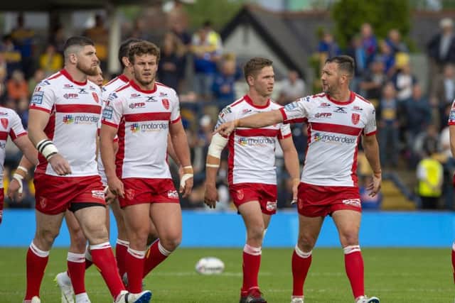 Huddersfield Giants coach Simon Woolford is well aware of the threat posed by Hull KR's Danny McGuire, third left. Picture: Bruce Rollinson