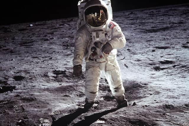 Buzz Aldrin, the lunar module pilot, walking on the surface of the Moon near the leg of the Lunar Module. Credit: NASA/PA.