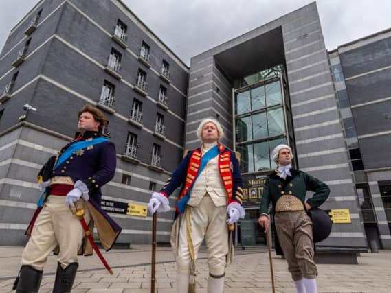 Royal Armouries Interpreters Andy Hodges as the Prince Regent, Chris Bailey as George III and Tristan Langlois as the Earl of Chatham. Picture by James Hardisty.