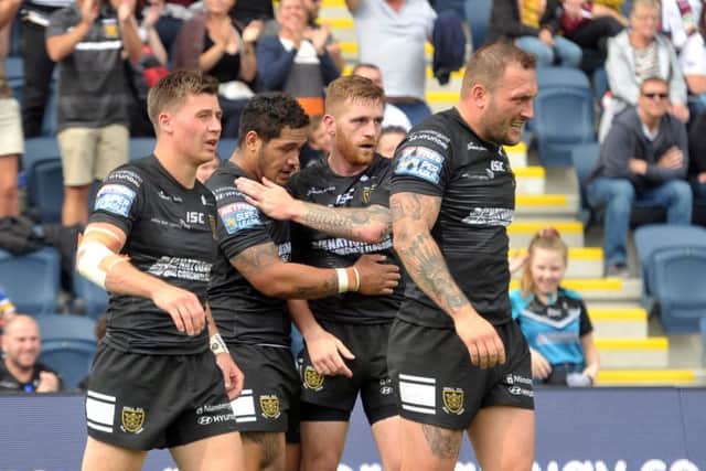 HIGHS ... Delight for Hull FC at the final whistle as Jamie Shaul, Bureta Faraimo, Marc Sneyd and Josh Griffin celebrate.  Picture: Tony Johnson.