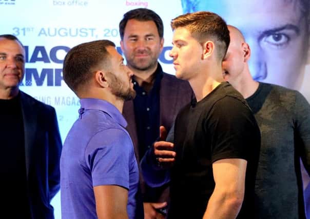 Vasyl Lomachenko (left) and Luke Campbell during the press conference at Glaziers Hall, London.
