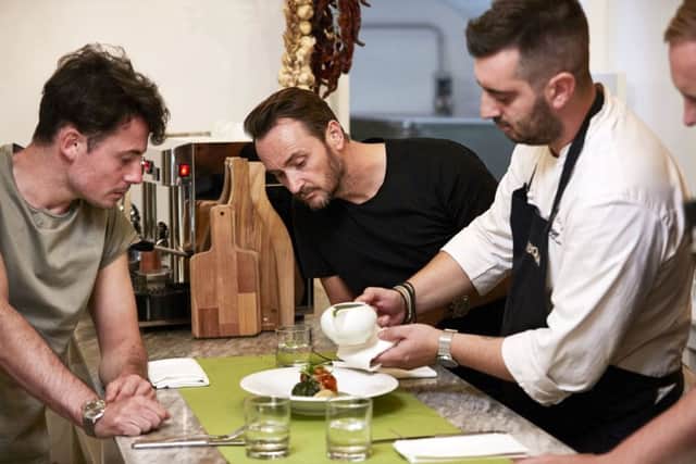 (L-R) Andy Beynon, Jason Atherton, Alfredo De Luc in The Chef's Brigaded: PA Photo/BBC/Expectation Entertainment Limited/James Wicks.