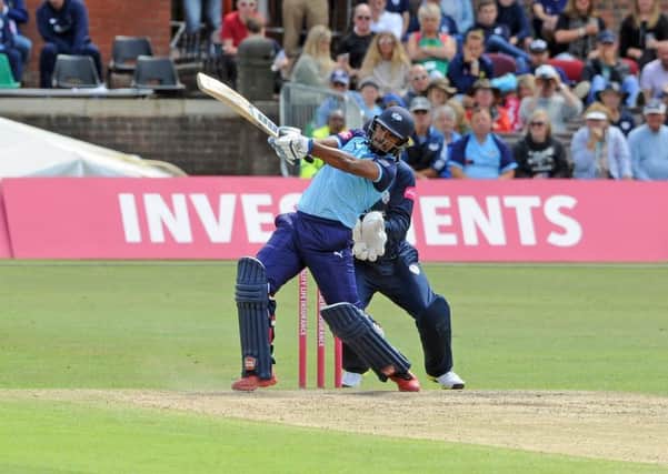 BIG HITTER: Yorkshire's Nicholas Pooran hits out in Saturday's defeat against Derbyshire Falcons at Queens Park in Chesterfield. Picture: Tony Johnson.