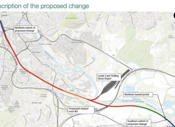 A map of the proposed HS2 route coming into Leeds. (Credit: HS2)