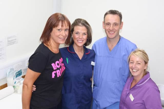 Boosting care for women who have battled breast care through new support for nipple tattoos - pictured Julia Sunderland from Bosom Friends, breast care nurse specialist Charlotte Ward, consultant surgeon Andy Williams, plastic surgery trauma sister, Tammy Bingham