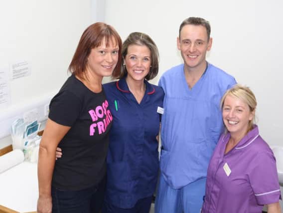 Boosting care for women who have battled breast care through new support for nipple tattoos - pictured Julia Sunderland from Bosom Friends, breast care nurse specialist Charlotte Ward, consultant surgeon Andy Williams, plastic surgery trauma sister, Tammy Bingham