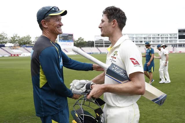 IN THE OTHER CAMP: Graham Thorpe's former England team-mate Graeme Hick, is now Australian batting coach, seen above with Cameron Bancroft. Picture: Ryan Pierse/Getty Images