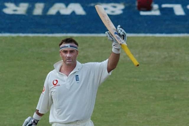 England batsman Graham Thorpe celebrates scoring a century against the West Indies in Bridgetown in 2004 Picture: Rebecca Naden