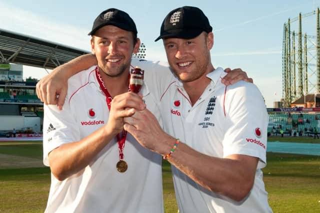 England's Steve Harmison (left) and Andrew Flintoff celebrate Ashes victory over Australia at the Oval in 2009. Picture: Gareth Copley/PA