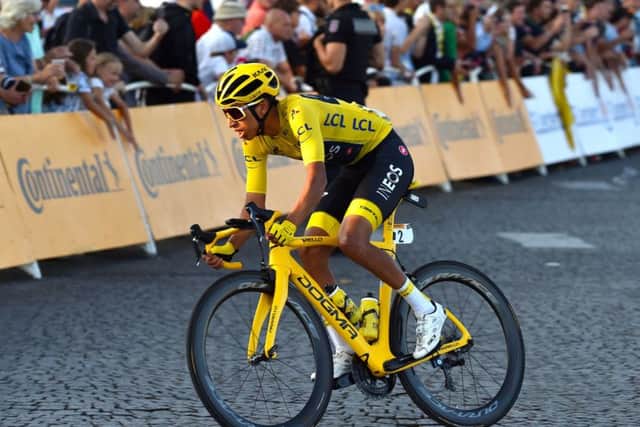 NEARLY DONE: Egan Bernal closes in on victory in Paris. Picture: PA Wire.