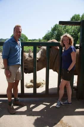 Ben Fogle and Kate Humble with a rhino at Longleat. Picture: PA Photo/ Animal Park, Remarkable Television, part of Endemol Shine Group. Ian Turner/ Longleat.