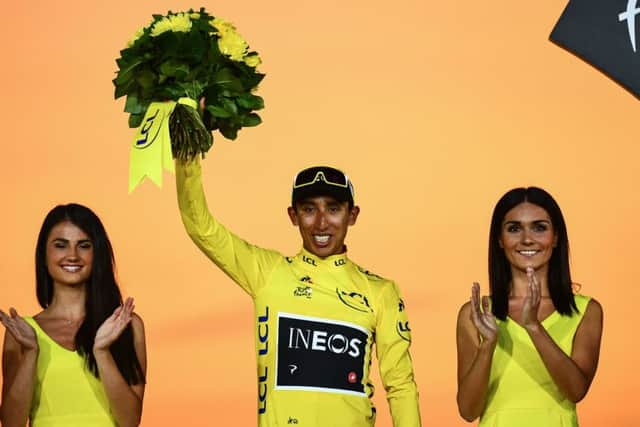 Colombia's Egan Bernal  celebrates his Tour de France triumph in Paris on Sunday evening. Picture: Marco Bertorello/Getty Images