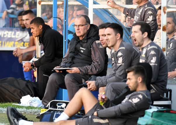 TAKE TWO: Marcelo Bielsa on the bench during the pre-season friendly at Guiseley. Picture: Howard Roe.