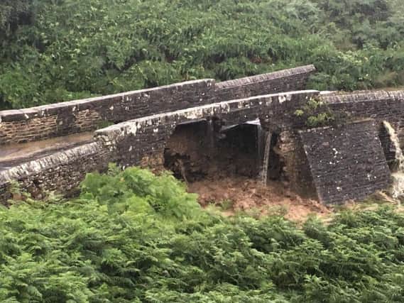 The Grinton Moor Bridge was damaged by flash flooding yesterday evening. Photo provided by Swaledale Mountain Rescue team