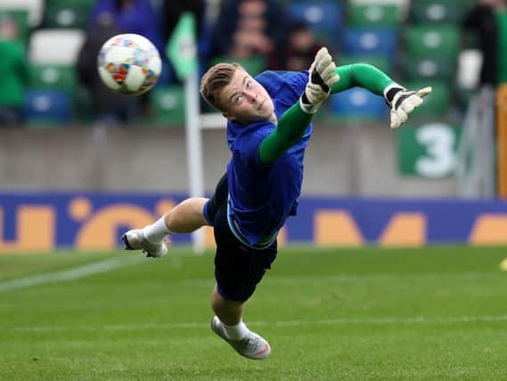Leeds United's Bailey Peacock-Farrell in action for Northern Ireland.