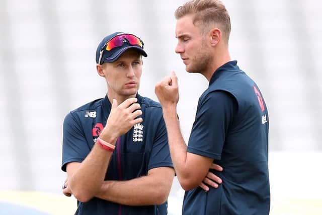 England's Joe Root (left) and Stuart Broad during the nets session at Edgbaston. Picture: Nick Potts/PA