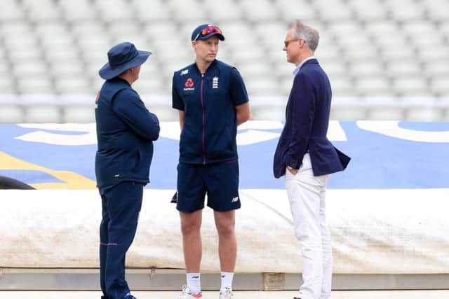 England head coach Trevor Bayliss (left) with Joe Root and England selector Ed Smith. Picture: Mike Egerton/PA