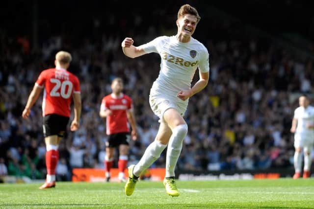 Tom Pearce scoring for Leeds against Barnsley