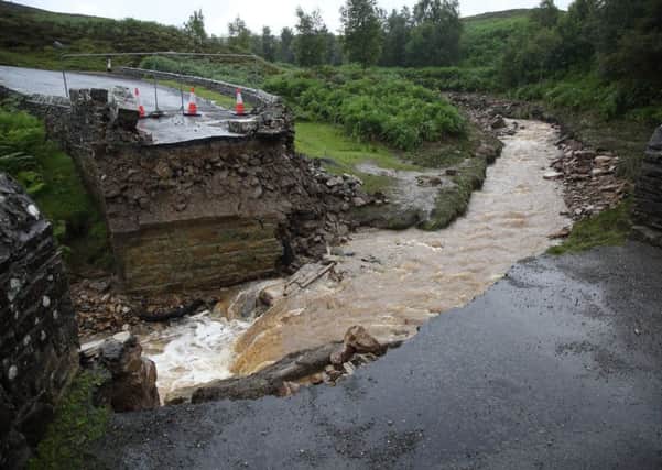 A collapsed bridge following heavy rainfall on Grinton moors, North Yorkshire.  Photo: SWNS