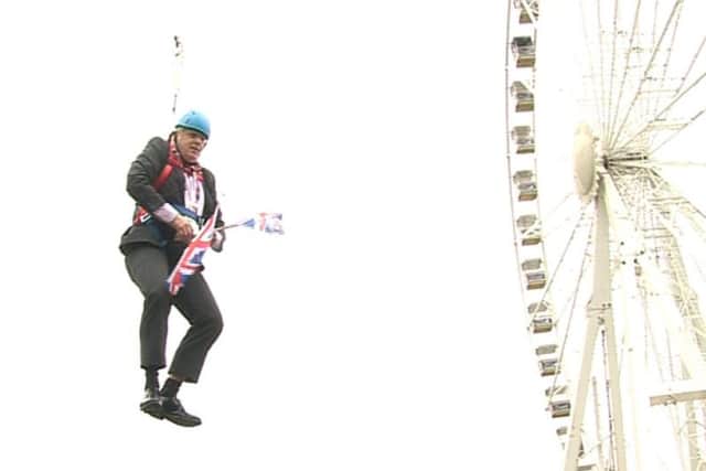 Boris Johnson was left hanging in mid-air after he got stuck on a zipwire at an Olympic event in 2012. Photo: Ben Kendall/PA Wire