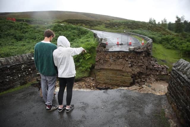 A collapsed bridge following heavy rainfall on Grinton moors, North Yorkshire on July 31, 2019.  Picture: SWNS