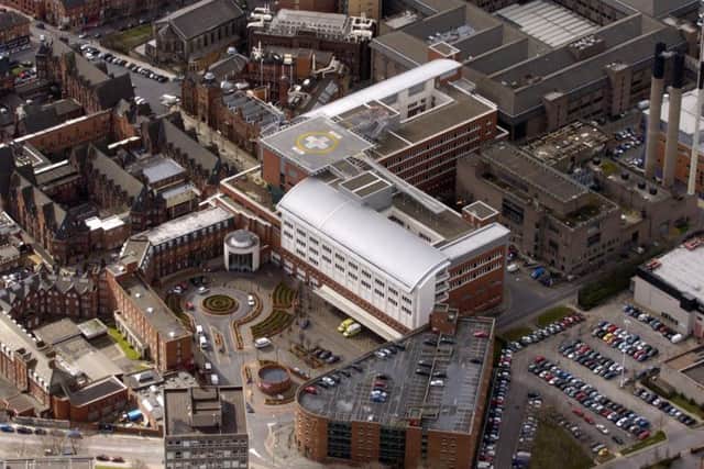 Aerials of Leeds and surrounding areas, pictured a view looking down over Leeds City Centre, over Leeds General Infirmary showing the Air Ambulance landing pad. James Hardisty