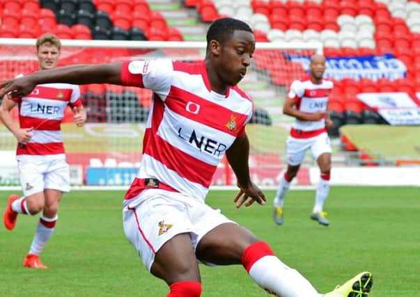 Impact: Niall Ennis fires a shot at goal on his Doncaster Rovers debut against Gillingham on Saturday. (Picture: Marie Caley)