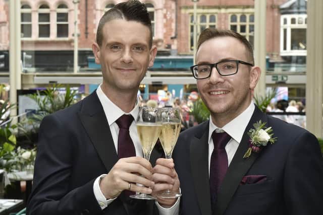 Leeds Pride wedding grooms Ryan Clay and Ben Bagshaw. Photo by Steve Ridings