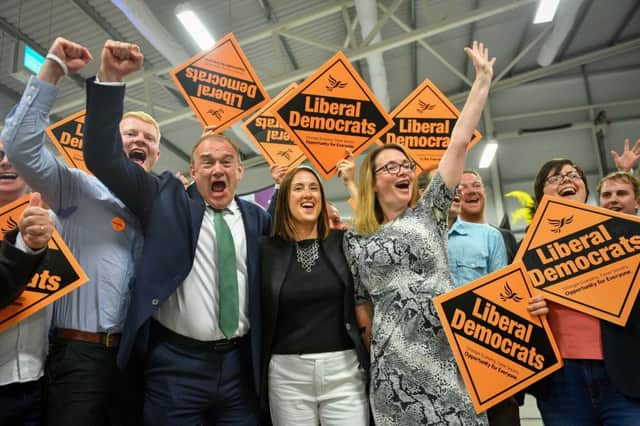 Liberal Democrat MP Jane Dodds, centre, celebrates with supporters as she wins the seat in the Brecon and Radnorshire by-election at the Royal Welsh Showground, Llanelwedd, Builth Wells. Picture: Ben Birchall/PA Wire