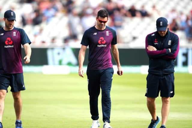 DON'T KNOW WHERE, DON'T KNOW WHEN: It's not clear when during the Ashes that James Anderson (centre) will be available again. Picture: Nick Potts/PA