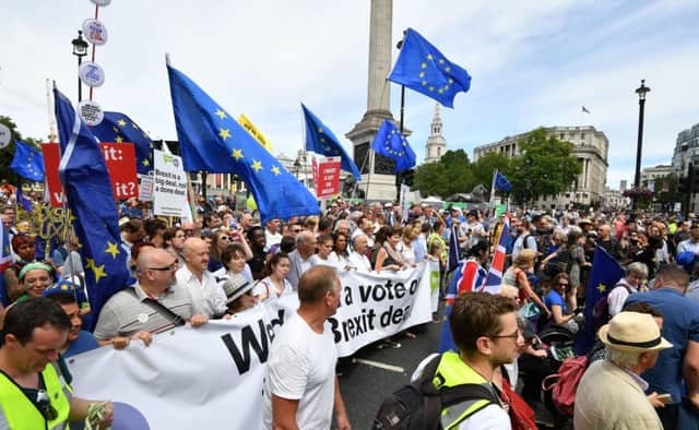 Vince Cable MP, Pro-EU campaigner Gina Miller, Tony Robinson and Caroline Lucas MP join with crowds taking part in the People's Vote march for a second EU referendum at Trafalgar Square in central London in 2018, Picture: John Stillwell/PA Wire