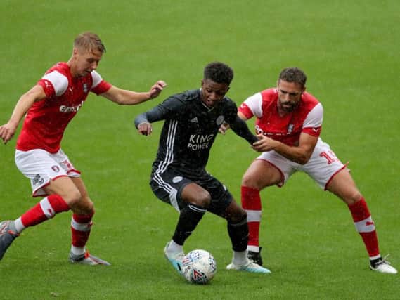 Rotherham United defender Clark Robertson (right), pictured in action in the Millers' recent pre-season friendly with Leicester City.