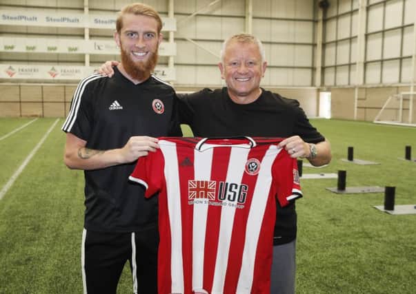 Oliver McBurnie welcomed by manager Chris Wilder at the Shirecliffe Training Complex, Sheffield. (Picture: Simon Bellis/Sportimage)