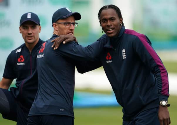 Into Lord's contention: From left, England's Rory Burns, Jack Leach and Jofra Archer.