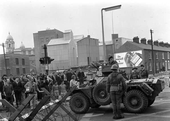 Soldiers on Divis Street, Belfast as British troops were deployed onto the streets of Northern Ireland as part of Operation Banner in response to growing sectarian unrest.