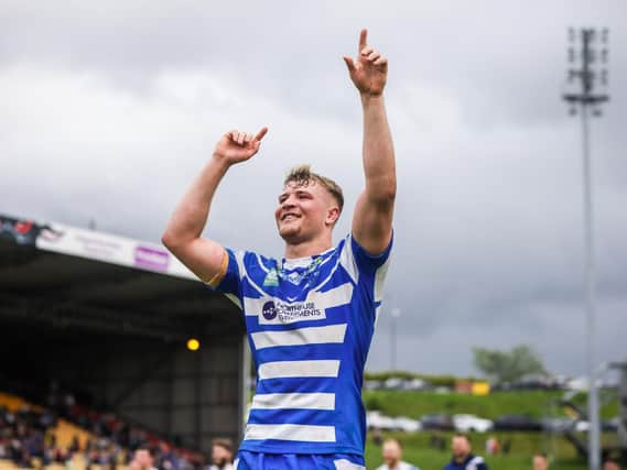 Halifax's Chester Butler celebrates the Challenge Cup quarter-final win at Bradford Bulls. He has now joined Huddersfield Giants. (Picture: Alex Whitehead/SWpix.com)