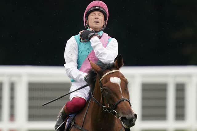 Relief: Frankie Dettori is visibily relieved after Enable got the better of Crystal Ocean in last month's King George at Ascot. Picture: Getty Images.