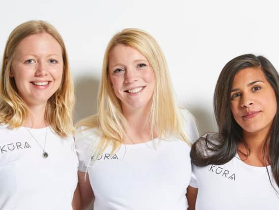 New baby accessories startup, Kura Organics, has launched a stylish and sustainably designed car seat wrap for babies. From left Victoria Oakley, product designer at Kura Organics, is pictured with Amy Duffy and Kerry Greenwood.