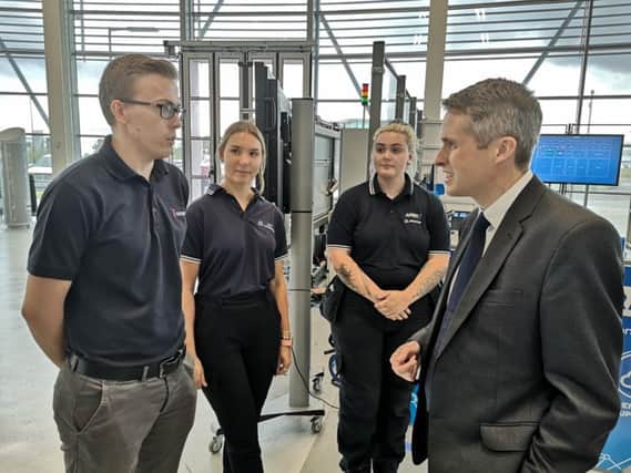 The Education Secretary Gavin Williamson talks to apprentices on a visit to the Advanced Manufacturing Research Centre (AMRC) in Sheffield.