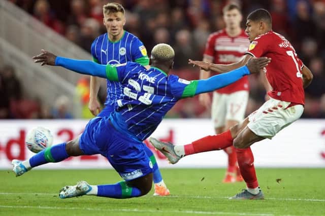 Middlesbrough's Ashley Fletcher shoots wide against Wigan.
