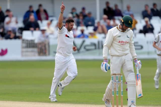 Yorkshire's Tim Bresnan celebrates taking the wicket of Nottinghamshire's Paul Coughlin. Picture: Richard Sellers/SWpix.com