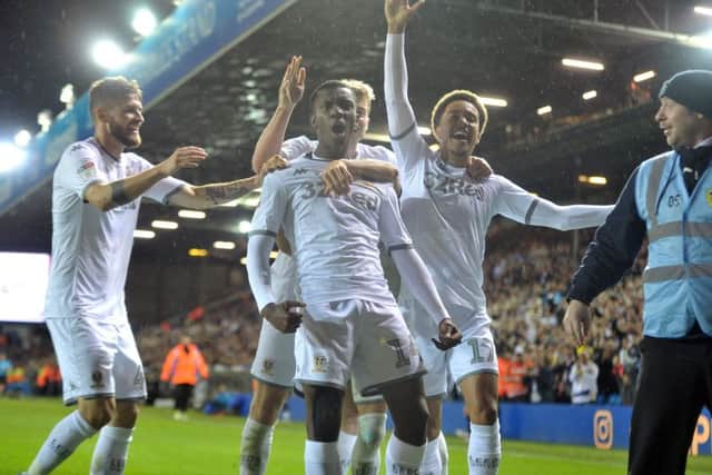 MAIN MAN: Leeds substitute Eddie Nketiah celebrates his goal with team-mates against Brentford. Picture: Tony Johnson.