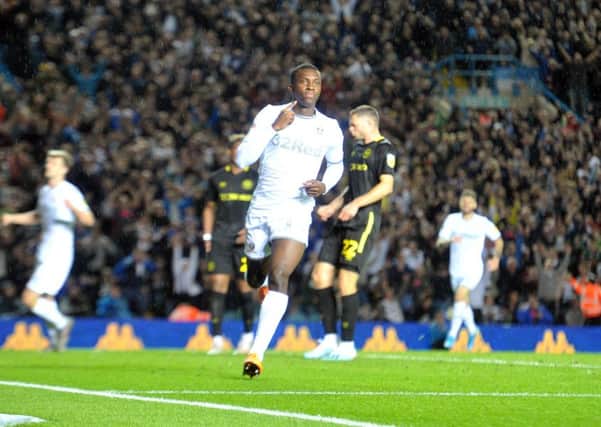Leeds substitute Eddie Nketiah celebrates his winning goal at Elland Road.  Picture: Tony Johnson.