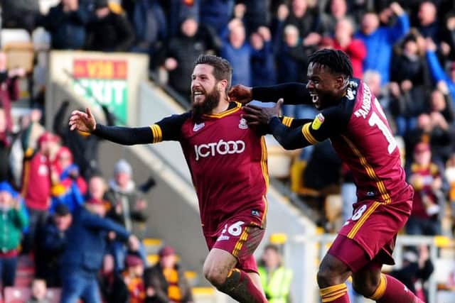 Jacob Butterfield celebrates a goal during his loan spell at Bradford City last season. Picture: Simon Hulme