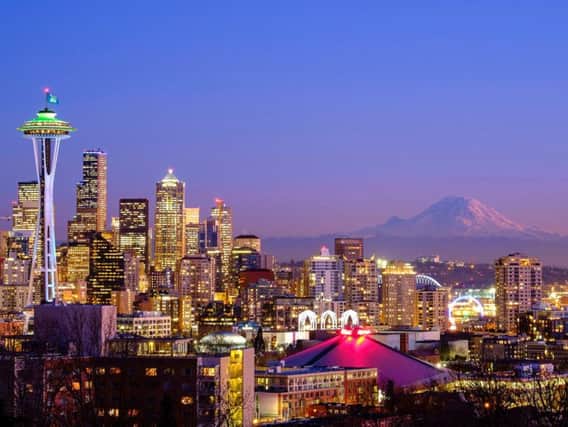 Seattle skyline with the Space Needle and Mt. Rainier
