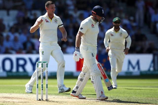 BE GONE WITH YOU: Australia's Josh Hazlewood celebrates taking the wicket of England's Jonny Bairstow at Headingley on Friday. Picture: Tim Goode/PA