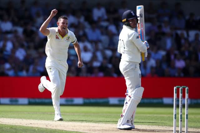 GOT HIM: Australia's Josh Hazlewood celebrates taking the wicket of England's Jason Roy at Headingley. Picture: Tim Goode/PA