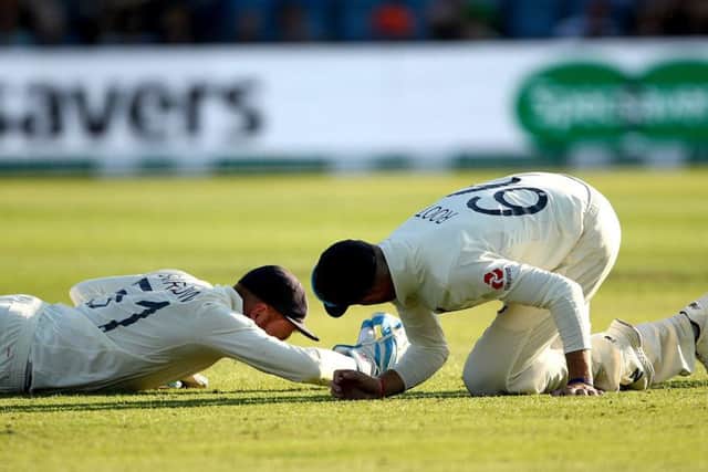 England's Jonny Bairstow fails to hold on to a difficult chance to dismiss Australia's Marnus Labuschagne on day two at Headingley. Picture: Tim Goode/PA